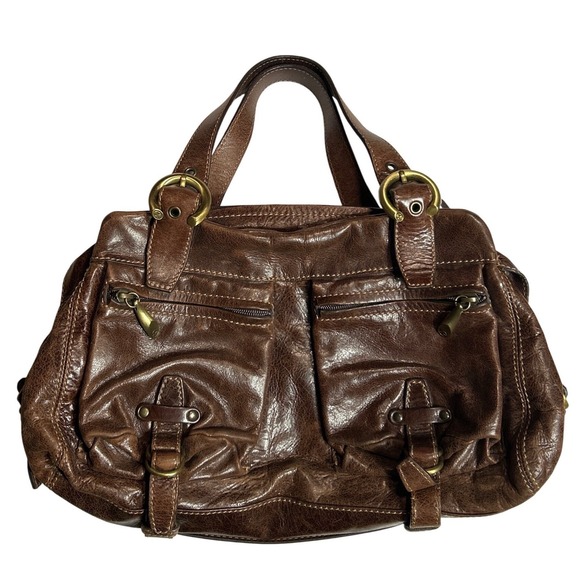 Francesco Biasia Leather Handbag Weathered Chocolate Brown Brass Hardware